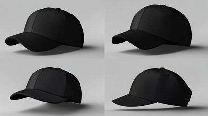 Four Views of Black Baseball Cap Mockup for Versatile Presentation and Marketing Purposes