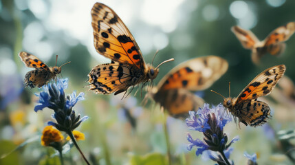 Obraz premium Butterflies fluttering among vibrant wildflowers in sunny meadow, showcasing nature beauty and diversity. scene captures delicate balance of life and color