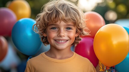 A joyful boy holding colorful balloons, celebrating his birthday or school event, perfect for children’s event banners or birthday invitations.
