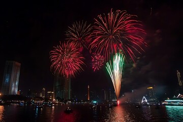 Fototapeta premium Fireworks over the sea, red and green fireworks in the dark sky