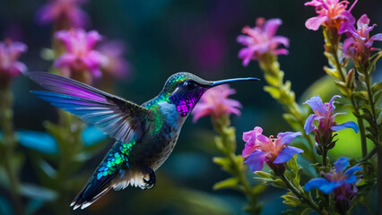 Obraz premium Green violetear, Colibri thalassinus, hovering next to red flower in garden, bird from mountain tropical forest, , Mexico, natural habitat, beautiful