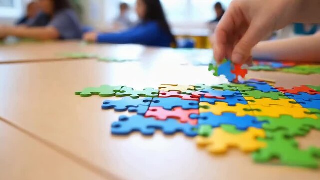Colorful Puzzle Pieces: A child's hand carefully places a vibrant puzzle piece onto a colorful jigsaw puzzle, symbolizing learning, problem-solving, and the joy of discovery.