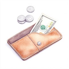 Wholesome watercolor illustration of a white background, a front pocket wallet contains simple Silver coins, The front pocket wallet is placed on the whitebackground, The Dollar bills are floating