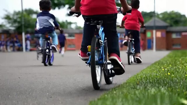 Joyful Ride: Children biking in a park. A rear view of three children gleefully riding their bicycles along a paved path, enjoying a carefree afternoon.  
