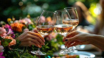 ands clinking wine glasses in a festive toast, symbolizing unity, celebration, and togetherness. The image conveys a warm, inclusive sense of shared joy and camaraderie