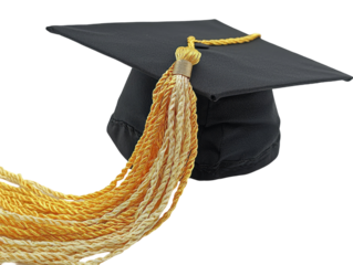 A black graduation cap with a yellow and white tassel, symbolizing academic achievement.