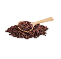 Cocoa nibs that are strong and have not undergone any processing other than roasting and shelling isolated on  white background