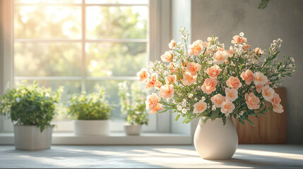 Fototapeta premium Flower, flower arrangement, art, scene, vase, beautiful, gorgeous, life, four seasons, spring, summer, autumn, winter, bedroom, living room, dining table, dining room, flower, bouquet, yellow, orange,