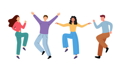 Different happy young women and men dancing. Party people dancing in flat design vector illustration.