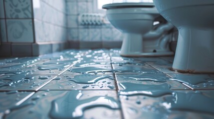 A flooded bathroom floor showing significant water damage, emphasizing the need for urgent repairs and sanitation.