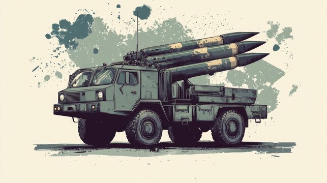 A shipborne anti-aircraft missile system is illustrated in a stylized vector.