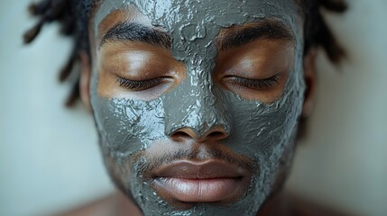 A man with clay mud on a white background symbolizes beauty and spa treatments, making it perfect for wellness banners for natural cosmetics.