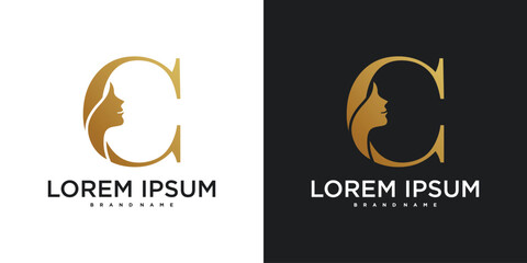 Initial letter C monogram logo design and silhouette of a woman's face. Premium Vector