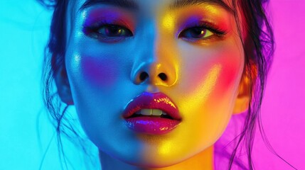 High-fashion Asian model in a bold and fluorescent style, reflecting vibrant trends