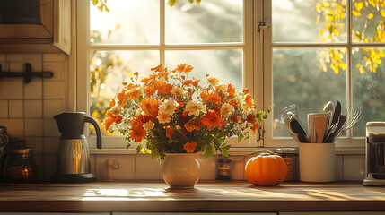Flower, flower arrangement, art, scene, vase, beautiful, gorgeous, life, four seasons, spring, summer, autumn, winter, bedroom, living room, dining table, dining room, flower, bouquet, yellow, orange,