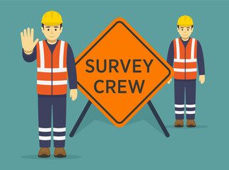 Isolated worker makes a stop gesture with his hand. Workers standing at giant 