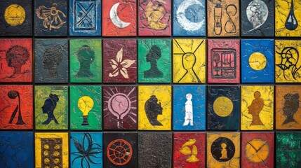 A wall with colorful diverse symbols and patterns side by side representing racial and ethnic inclusivity