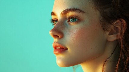 Fototapeta premium Young woman with vibrant, clear skin in a minimalist style, highlighting smoothness