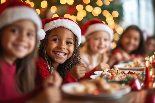 Children in Santa hats enjoying Christmas dinner - Powered by Adobe