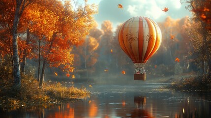Fototapeta premium A hot air balloon floats over a river in a misty autumn forest.