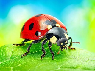 Naklejka premium A vibrant ladybug perched on a green leaf against a blurred background.