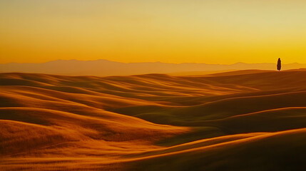 Obraz premium Golden hills bathed in the warm glow of sunset, a lone tree standing on the horizon.