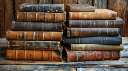 Fototapeta premium Stack of old hardcover books on wooden background, closeup