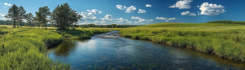 Fototapeta premium Serene River Flowing Through Lush Green Landscape Under a Clear Blue Sky with Fluffy White Clouds on a Sunny Day