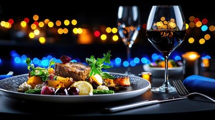 Elegant dinner setting with gourmet dish, wine glasses, and soft bokeh lights in the background.