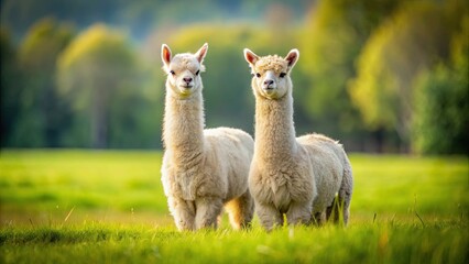 Naklejka premium Two fluffy alpacas standing in a green field, alpaca, fluffy, cute, animals, livestock, farm, furry, wool, domestic