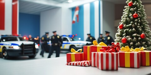 Holiday gifts by tree, police presence in background