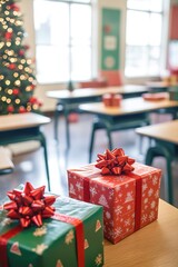 Obraz premium Gift boxes in classroom with Christmas tree backdrop