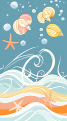 Seashells and starfish on a beach with waves and bubbles.
