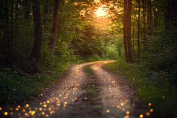 Obraz premium An old country road in the woods at sunset. The ground is covered with fireflies that form patterns on it like stars.