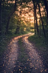 Naklejka premium An old country road in the woods at sunset. The ground is covered with fireflies that form patterns on it like stars.