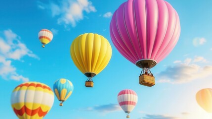 Obraz premium Colorful hot air balloons soar in a clear blue sky with fluffy clouds.