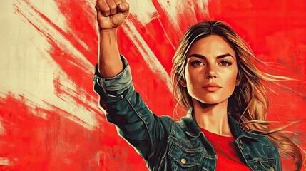 A powerful woman raises her fist in a retro poster, symbolizing female empowerment and feminism.
