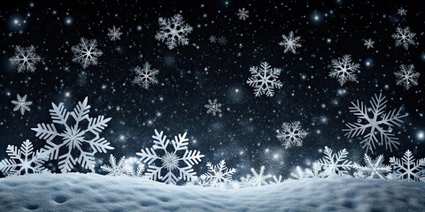 Beautiful snowy landscape with snowflakes on clean black background, winter, snow, cold, scenic, tranquil, serene, nature, landscape