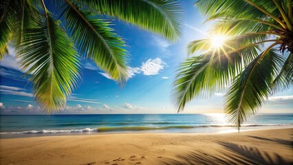 Obraz premium Silhouette of palm leaves or coconut tree on a sunny summer beach , tropical, paradise, vacation, tropical, summer, palm tree