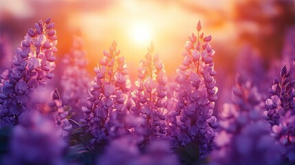 Fototapeta premium A purple Japanese wisteria blooms in a sunset garden, offering a beautiful floral backdrop perfect for greeting cards or invitations.
