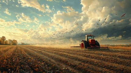 Obraz premium A red tractor works a field at sunset with a flock of birds flying overhead.