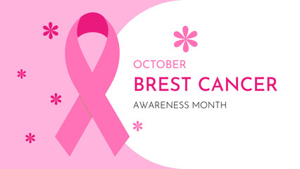 Breast Cancer Awareness Month banner card. Concept design with pink ribbon and flowers vector illustration