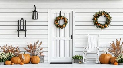 Charming white porch with seasonal decorations and pumpkins, inviting autumn vibes.