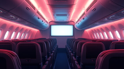 Fototapeta premium Close-up of an empty airplane seat with the TV screen showing a white