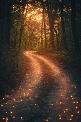 Obraz premium An old country road in the woods at sunset. The ground is covered with fireflies that form patterns on it like stars.