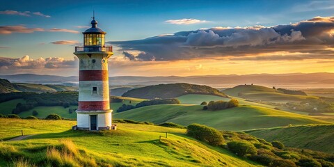 Lighthouse standing tall in the peaceful countryside with rolling hills in the background, lighthouse, countryside