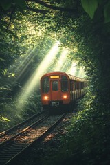 Obraz premium A red train is driving on the tracks in a dense green forest. The sun shines through the leaves and illuminates the train.