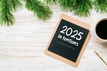 Intentions for 2025 on a chalkboard, coffee cup and greenery