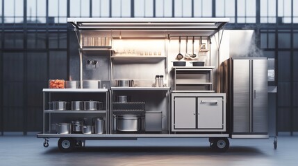 Small kitchen restaurant Equipment in the restaurant is made of stainless steel Concept of a mobile cafe Restaurant kitchen on wheels with industrial equipment Equipment for cafe on wheels