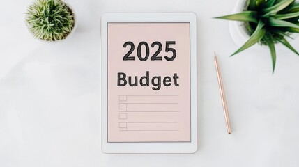 Tablet displaying 2025 budget plan on a minimalist desk.